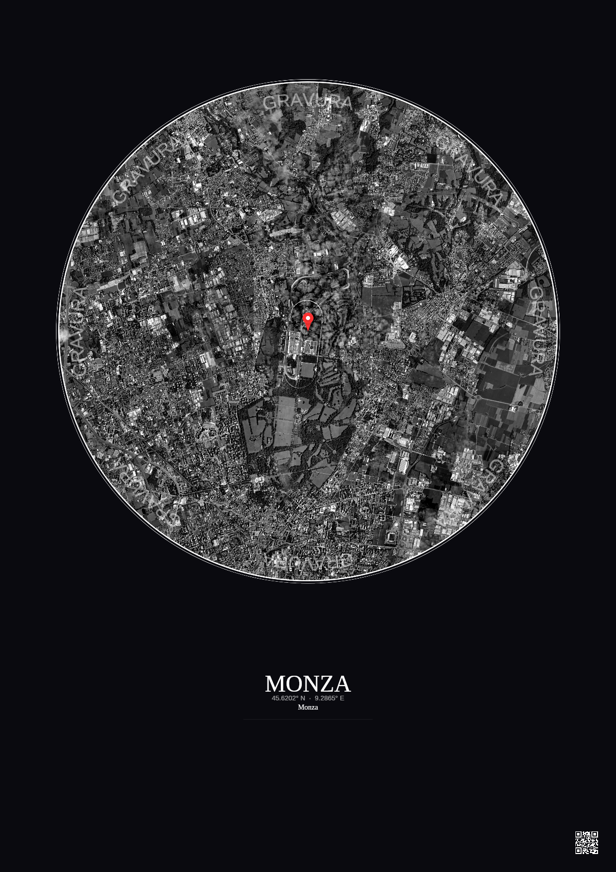 Affiche personnalisée Monza — Satellite 5 km · N&B · Fond foncé | Gravura