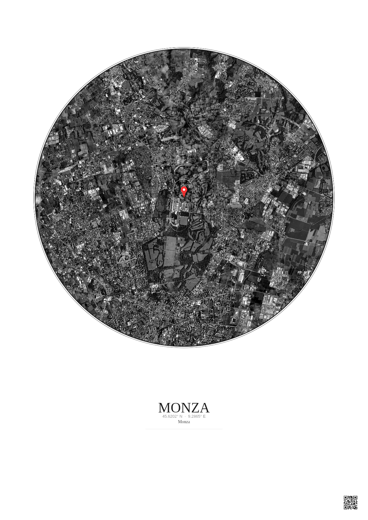 Affiche personnalisée Monza — Satellite 5 km · N&B · Fond clair | Gravura