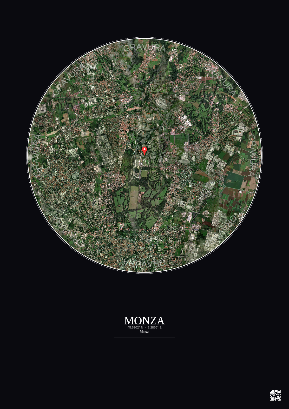 Affiche personnalisée Monza — Satellite 5 km · Couleur · Fond foncé | Gravura