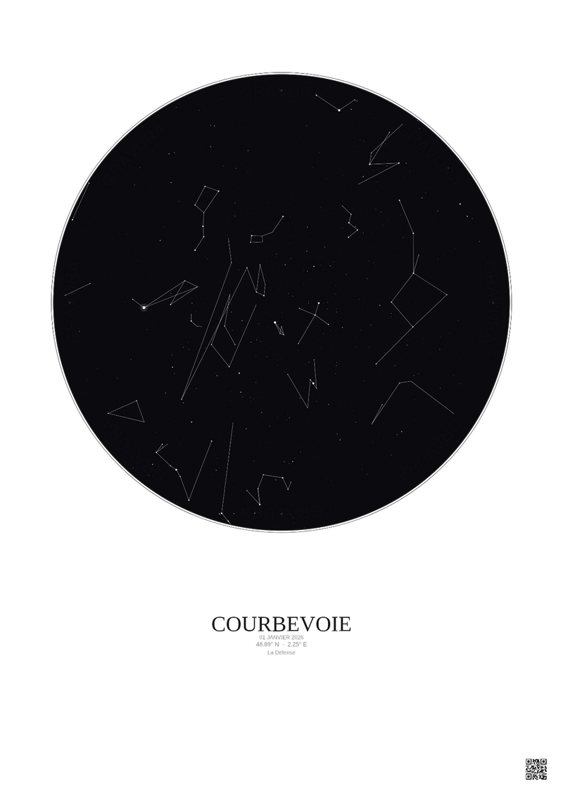 Affiche personnalisée Courbevoie — Ciel étoilé · Fond clair | Gravura